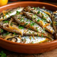 Sardinas en escabeche, tiernas y jugosas, reposan en una cazuela de barro, adornadas con perejil fresco y cebolla caramelizada.