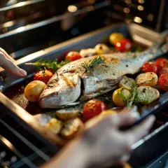 Manos colocando una bandeja con besugo al horno, tomates cherry, limones y romero dentro de un horno.