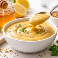 Cremosa salsa miel y mostaza servida en un cuenco blanco, con ingredientes frescos como miel, limones y perejil alrededor.