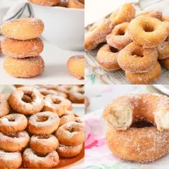 Montaje de rosquillas caseras de toda la vida, doradas y espolvoreadas con azúcar. Un placer para la vista y el paladar.