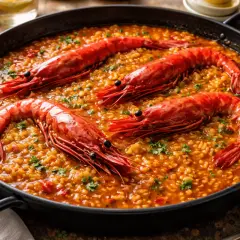 Arroz con carabineros, un plato de mariscos vibrante y sabroso, con gambas rojas enteras sobre un lecho de arroz dorado.