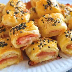 Rollitos de hojaldre jamón y queso, dorados y espolvoreados con semillas de sésamo negro y blanco.