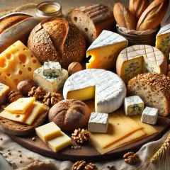Una tabla de quesos variados, panes rústicos, incluyendo pan de centeno, nueces y ajos.
