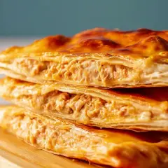 Empanada de atún dorada y crujiente, apilada en tres capas, mostrando su relleno jugoso.