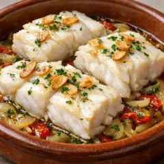 Bacalao al horno jugoso, servido en cazuela de barro con pimientos, cebolla y ajo crujiente.
