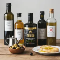 Variedad de aceites de oliva virgen y de orujo en botellas, junto a aceitunas y una tostada.
