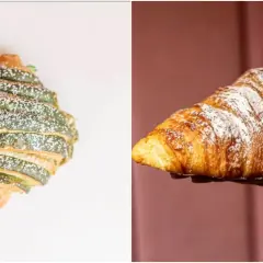 Dos croissants de hojaldre: uno verde con azúcar glas y otro dorado, espolvoreado con azúcar glas.