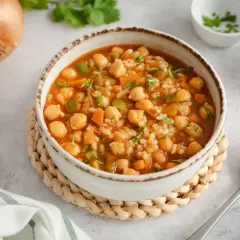 Un reconfortante plato de garbanzos con arroz, zanahorias y pimientos verdes, adornado con perejil fresco.