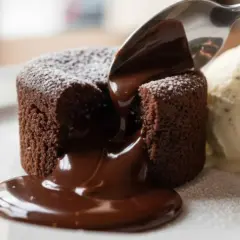 Coulant de chocolate con helado de vainilla y frambuesas. El chocolate fundido se derrama al ser cortado.