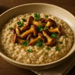 Cremoso risotto de boletus, coronado con setas salteadas y perejil fresco. Un plato reconfortante y lleno de sabor.