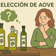 Mujer pensativa frente a botellas de AOVE, preguntándose qué es el aove y cuál elegir.