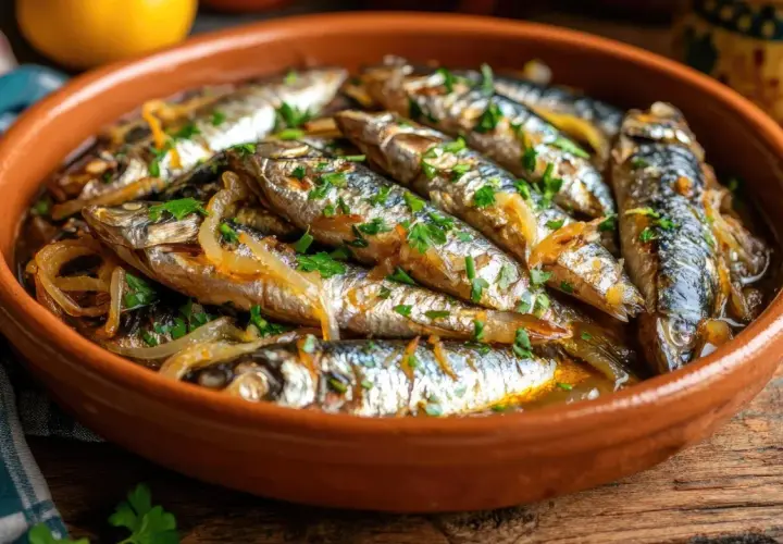 Sardinas en escabeche, tiernas y jugosas, reposan en una cazuela de barro, adornadas con perejil fresco y cebolla caramelizada.