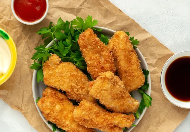 Crujientes tiras de pollo empanizadas con panko, servidas con perejil y salsas. El panko es un pan rallado japonés que da una textura extra crujiente.