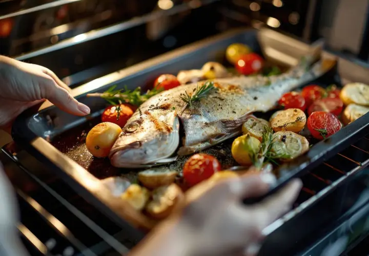Manos colocando una bandeja con besugo al horno, tomates cherry, limones y romero dentro de un horno.