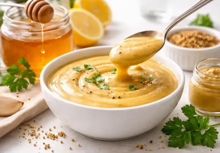 Cremosa salsa miel y mostaza servida en un cuenco blanco, con ingredientes frescos como miel, limones y perejil alrededor.