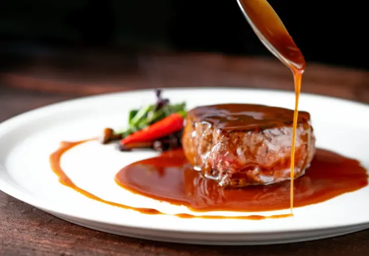 Un filete jugoso bañado en una rica salsa, una de las mejores salsas para carnes, servido con guarnición.