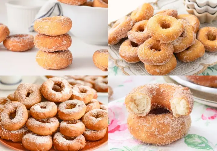 Montaje de rosquillas caseras de toda la vida, doradas y espolvoreadas con azúcar. Un placer para la vista y el paladar.