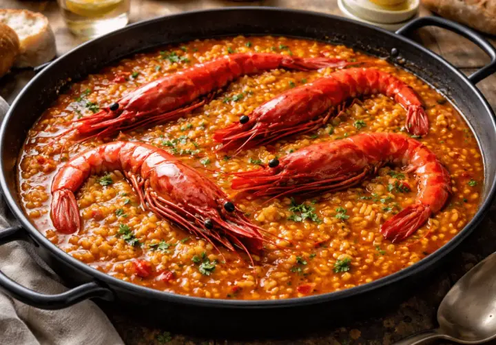 Arroz con carabineros, un plato de mariscos vibrante y sabroso, con gambas rojas enteras sobre un lecho de arroz dorado.