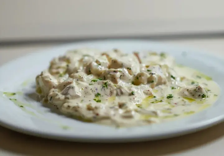 Deliciosa brandada de bacalao cremosa, espolvoreada con perejil fresco y un toque de aceite de oliva.