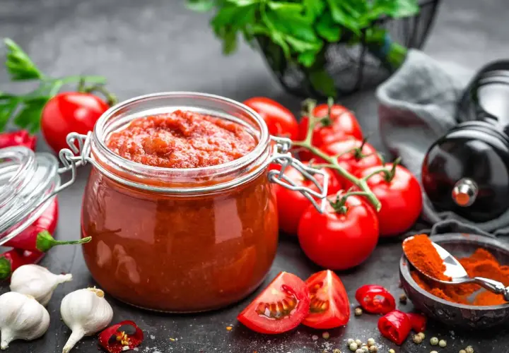 Frasco de vidrio lleno de vibrante salsa de tomate casera, rodeado de tomates frescos, ajos, chiles y especias.