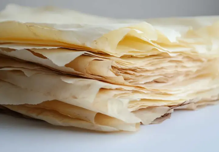 Una pila de finas láminas de masa filo, listas para crear deliciosas recetas.