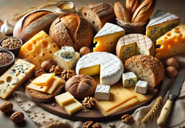 Una tabla de quesos variados, panes rústicos, incluyendo pan de centeno, nueces y ajos.