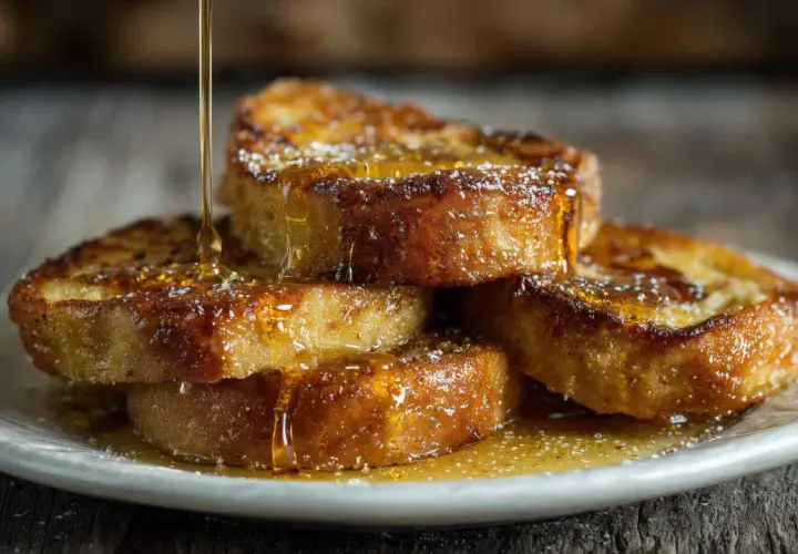 Torrijas doradas y crujientes bañadas en almíbar para torrijas, espolvoreadas con azúcar glas.