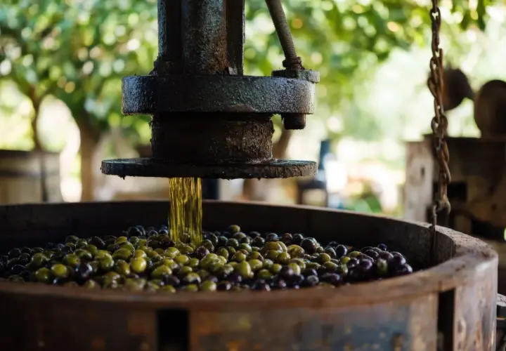 Aceite de oliva virgen goteando sobre aceitunas en una prensa antigua. Así es como hacer aceite de oliva en casa.