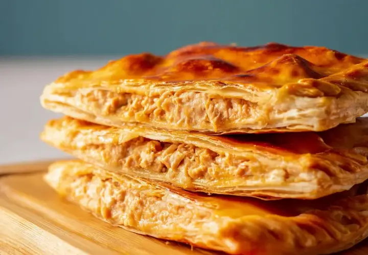 Empanada de atún dorada y crujiente, apilada en tres capas, mostrando su relleno jugoso.