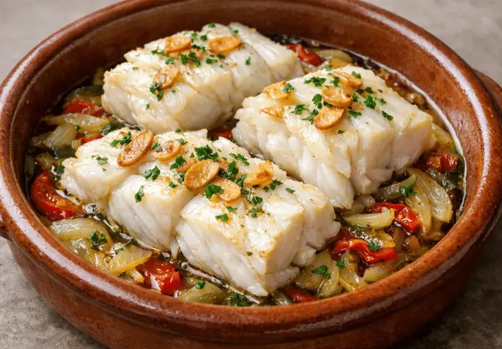 Bacalao al horno jugoso, servido en cazuela de barro con pimientos, cebolla y ajo crujiente.