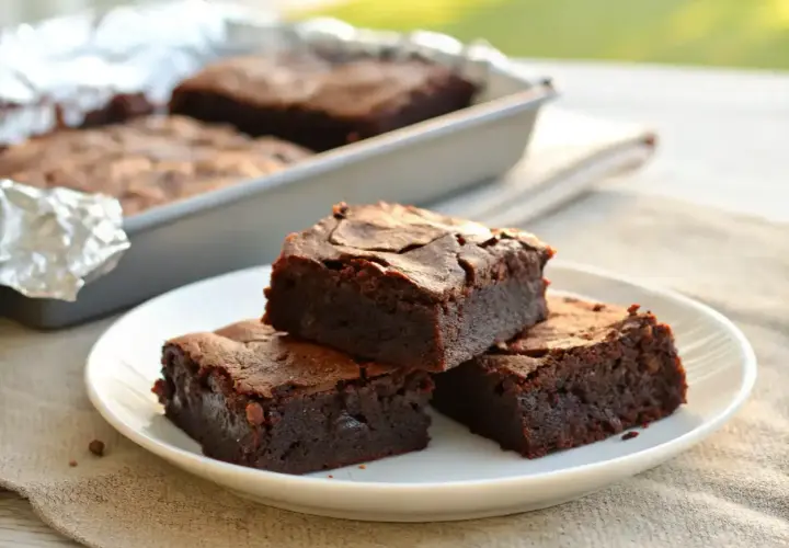 Deliciosos trozos de brownie sin gluten apilados en un plato blanco. En el fondo, más brownies en un molde.