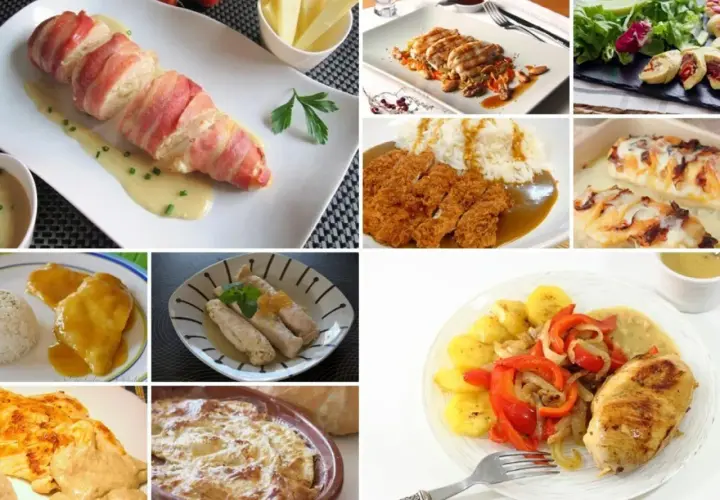 Variedad de platos con pechuga de pollo: envuelta en bacon, empanada, a la parrilla con verduras, gratinada y más.