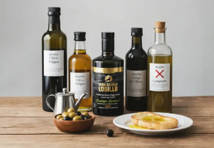Variedad de aceites de oliva virgen y de orujo en botellas, junto a aceitunas y una tostada.