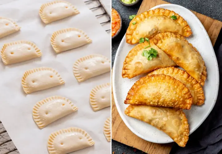 Masa de empanadillas de la abuela cruda y lista para hornear, junto a unas doradas y crujientes ya preparadas.