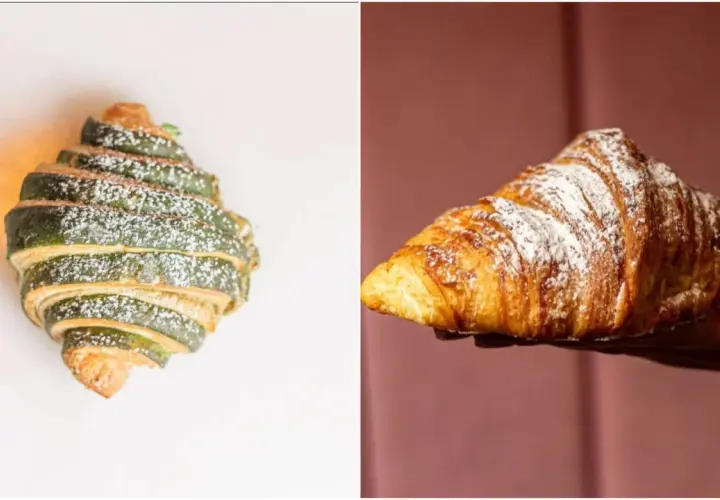 Dos croissants de hojaldre: uno verde con azúcar glas y otro dorado, espolvoreado con azúcar glas.