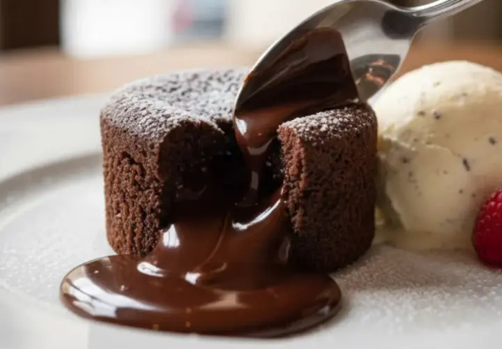 Coulant de chocolate con helado de vainilla y frambuesas. El chocolate fundido se derrama al ser cortado.