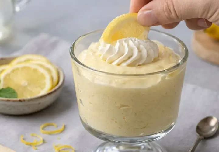 Delicioso mousse de limón, coronado con crema batida y una rodaja de limón, listo para ser disfrutado.