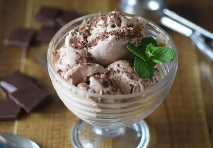 Delicioso helado de chocolate casero en copa, adornado con virutas de chocolate y una hoja de menta. A su lado, trozos de chocolate negro y una cuchara.
