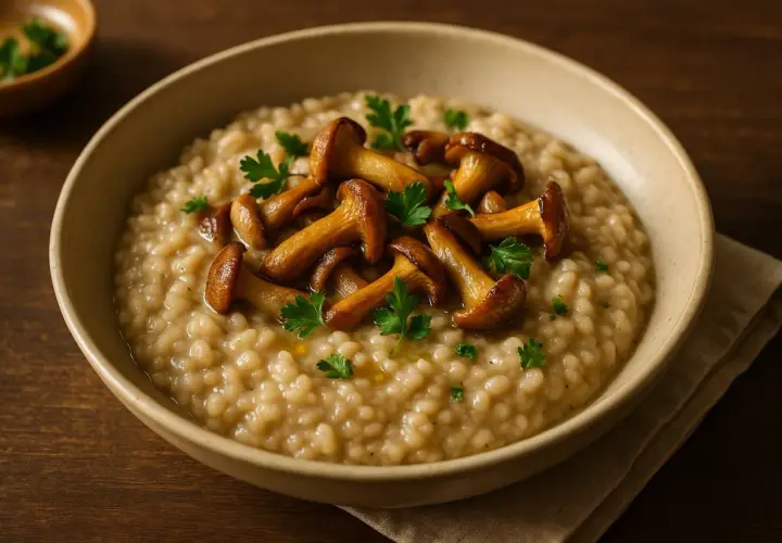 Cremoso risotto de boletus, coronado con setas salteadas y perejil fresco. Un plato reconfortante y lleno de sabor.