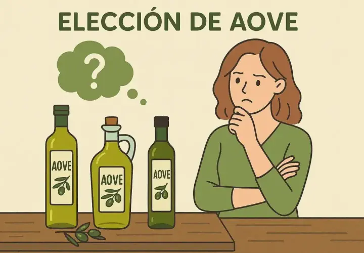 Mujer pensativa frente a botellas de AOVE, preguntándose qué es el aove y cuál elegir.