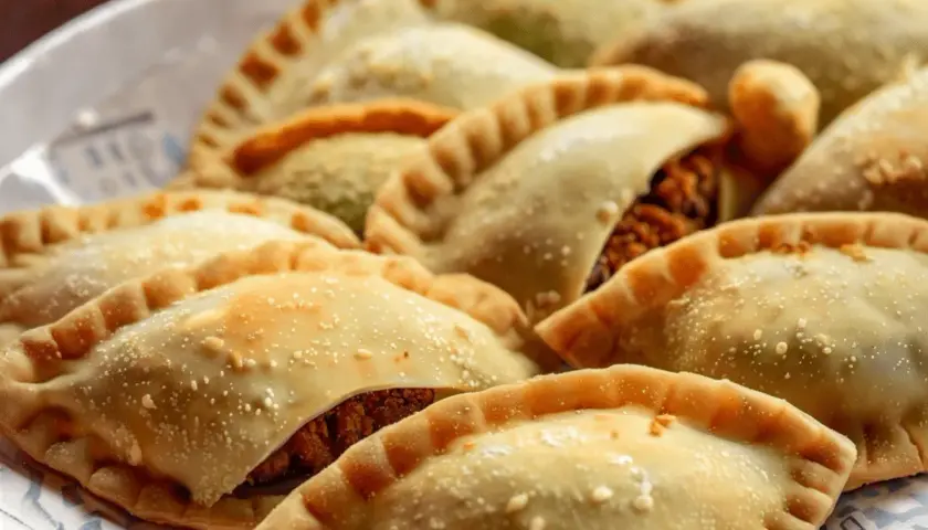 Una bandeja llena de empanadas de pollo doradas y crujientes, listas para disfrutar.