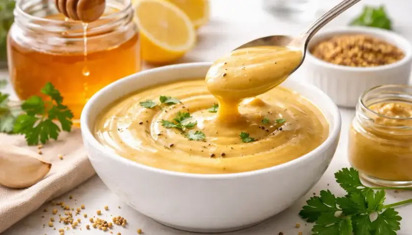 Cremosa salsa miel y mostaza servida en un cuenco blanco, con ingredientes frescos como miel, limones y perejil alrededor.