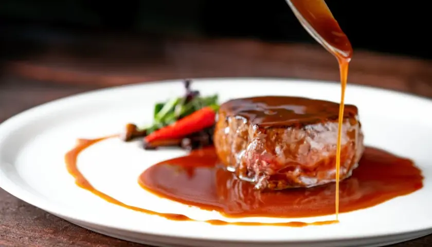 Un filete jugoso bañado en una rica salsa, una de las mejores salsas para carnes, servido con guarnición.