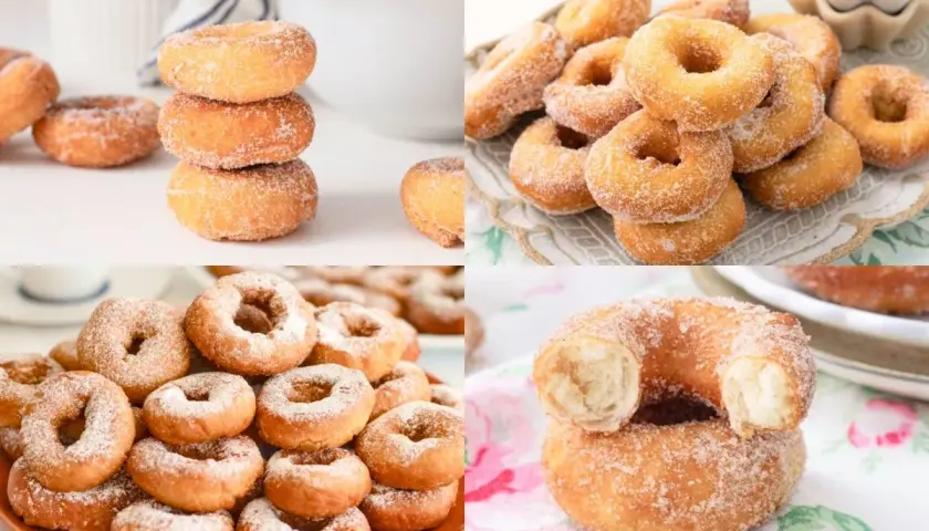 Montaje de rosquillas caseras de toda la vida, doradas y espolvoreadas con azúcar. Un placer para la vista y el paladar.