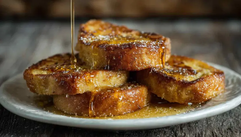 Torrijas doradas y crujientes bañadas en almíbar para torrijas, espolvoreadas con azúcar glas.