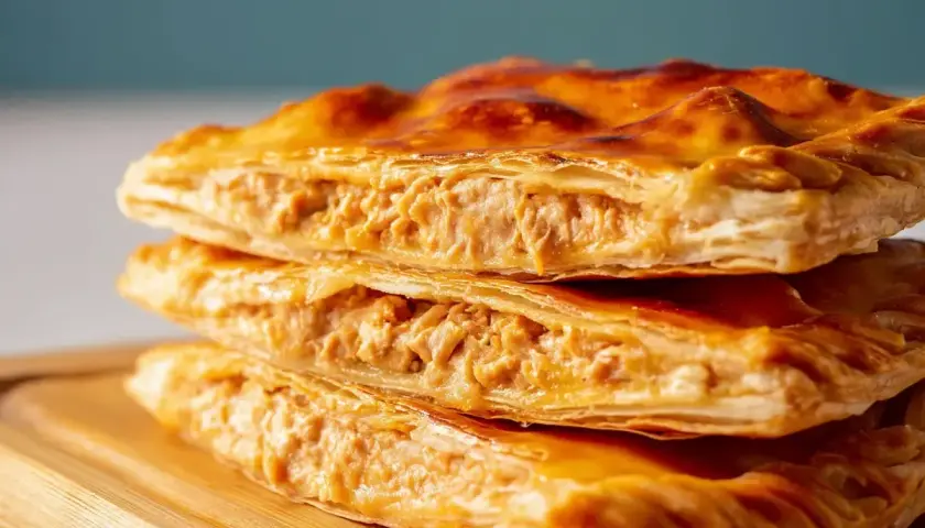 Empanada de atún dorada y crujiente, apilada en tres capas, mostrando su relleno jugoso.