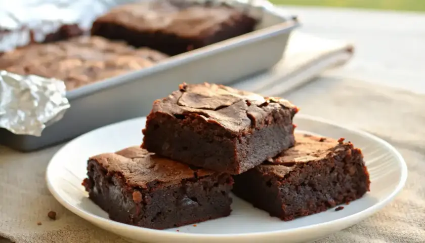 Deliciosos trozos de brownie sin gluten apilados en un plato blanco. En el fondo, más brownies en un molde.