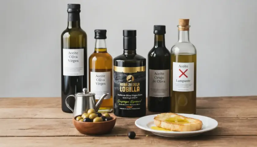 Variedad de aceites de oliva virgen y de orujo en botellas, junto a aceitunas y una tostada.