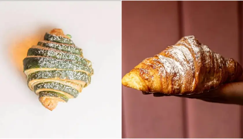 Dos croissants de hojaldre: uno verde con azúcar glas y otro dorado, espolvoreado con azúcar glas.