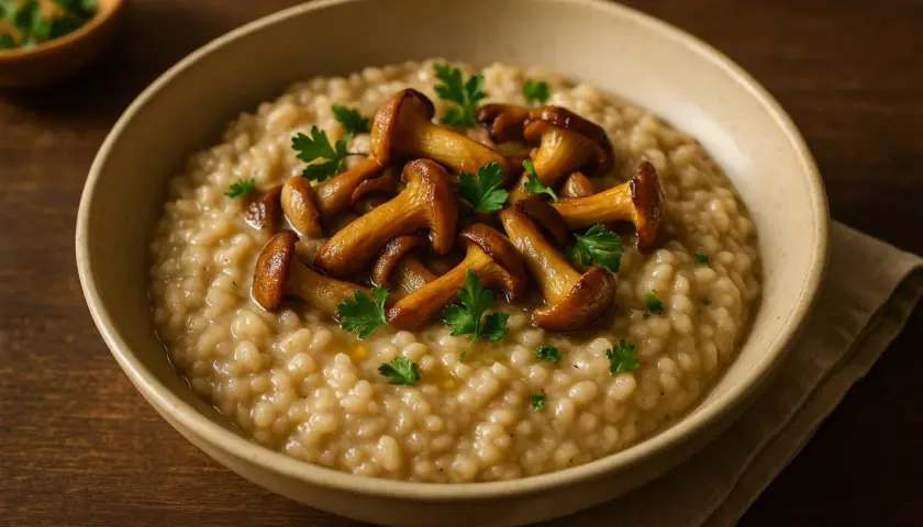 Cremoso risotto de boletus, coronado con setas salteadas y perejil fresco. Un plato reconfortante y lleno de sabor.